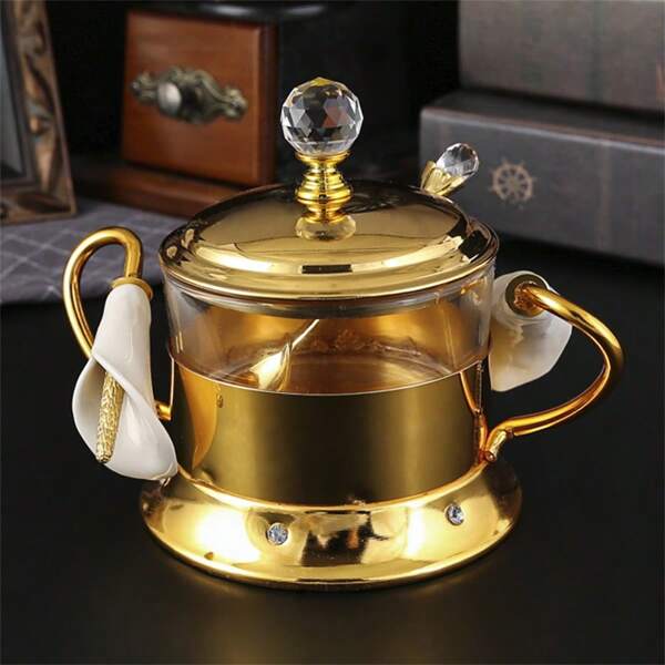 1pc Seashell Shaped Spice Jar With Lid And Spoon, Premium European Kitchen Item, Gold Tone Seasoning Bottle With Spoon, Glass Spice Jar, Sugar Bowl, Condiment Box, Kitchen Utensil, Tabletop Decor