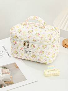 1 pieza/set Bolsa de maquillaje acolchada con estampado de conejito y floral, organizador cosmético multifuncional tipo cartera con cremallera para guardar lápices de labios, brochas, productos de cuidado de la piel, teléfono móvil, monedas y otros artículos pequeños para el hogar o viajes