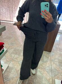 WOMEN'S WINTER MOUSSE KNITTING SET WITH PANTS AND BRAIDED BLOUSE - Dark Grey - View 2