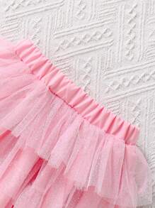 Set da 2 pezzi per ragazze: maglietta con decorazione in tulle e fiocco, gonna in più strati di tulle, stile dolce adatto per l'abbigliamento estivo