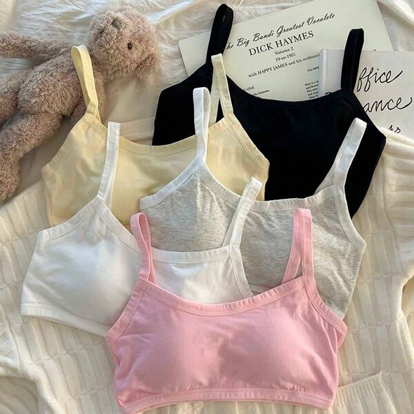 Girls Pure Cotton Underwear Fixed Cup Bra Development Period Junior High School Students Suspenders Small Vest Anti-Convex Dots High School Students Girls Big Children Short Breast Wrap Bra Sports