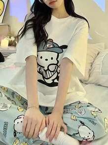 1 pieza Pantalones de pijama de seda de leche con diseño de Hello Kitty de la serie de personajes Sanrio de alta calidad, adecuado para las temporadas de primavera y otoño, con un diseño dulce y lindo que combina la funcionalidad de la ropa casual y de estar en casa. Es una prenda de estar en casa casual que también se puede usar fuera, de vacaciones.