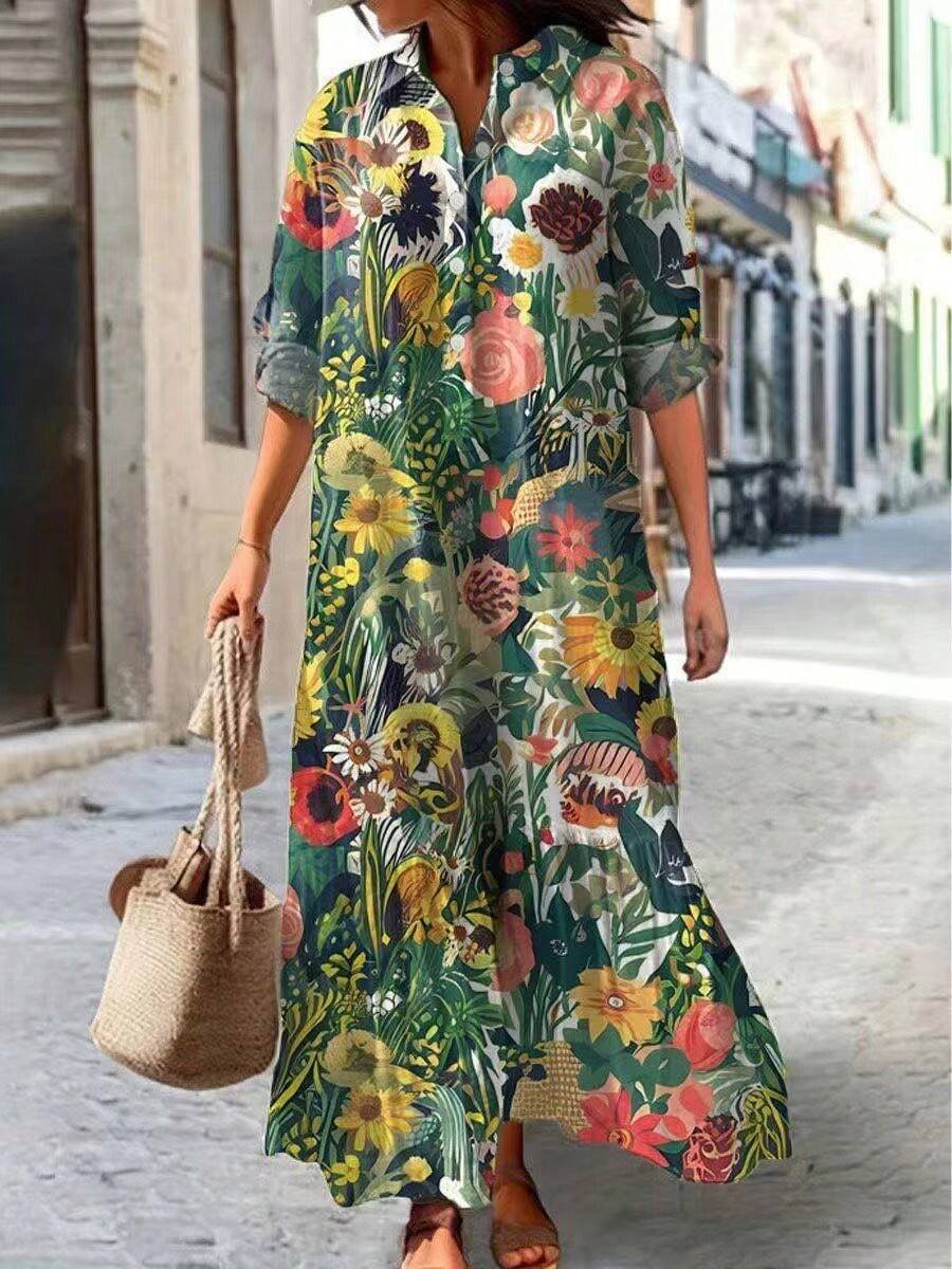 大码夏季旅游度假休闲花卉印花连衣裙