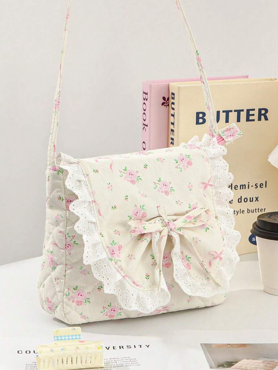 1Piece Cute Bow Floral Cross Body Bag Fashionable Casual Shoulder Bag With Bow Lace Crossbody Tote Bags With Lace Bow Handbags - Hồng - Xem 1