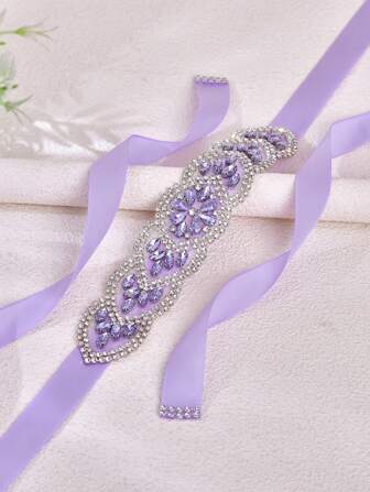 1pc Elegant Lavender Color Crystal Bridal Sash, Suitable For Women Dress, Tie Sash Wedding Dress Accessory Valentine's Day Accessories