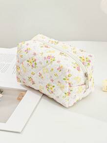 1 pieza/set Bolsa de maquillaje acolchada con estampado de conejito y floral, organizador cosmético multifuncional tipo cartera con cremallera para guardar lápices de labios, brochas, productos de cuidado de la piel, teléfono móvil, monedas y otros artículos pequeños para el hogar o viajes