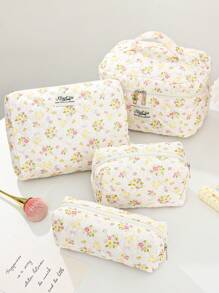 1 pieza/set Bolsa de maquillaje acolchada con estampado de conejito y floral, organizador cosmético multifuncional tipo cartera con cremallera para guardar lápices de labios, brochas, productos de cuidado de la piel, teléfono móvil, monedas y otros artículos pequeños para el hogar o viajes