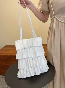 1 Pc White Fabric Casual Fresh Style Foldable Multi-Layer Pleated Open Tote Bag, Large Capacity Suitable For Women In Spring/Summer, College Student School Bag, Teenage Girls Outdoor Shopping Handbag For Phones, Wallets, Lipsticks, Keys, Tissue, Storage Pouch, Fashion Item