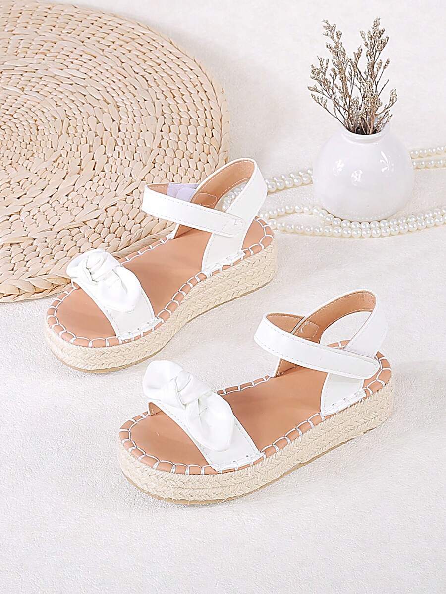 1双女童绳结休闲厚底魔术贴凉鞋，适合夏季穿着 - 白色 - 查看 1