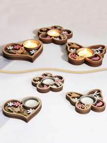 1pc, Wooden Flowers, Butterflies, And Hearts Shape Candle Holder, Wooden Crafts Candlestick, Festival Desktop Home Decor, Party Supplies Gifts Birthday Graduation,Wedding