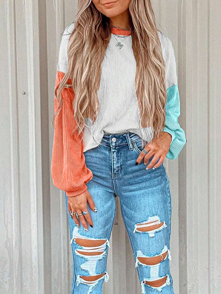 CILKOO Kaos Kasual Lengan Panjang Wanita Leher Bulat Motif Blok Warna Bahu Jatuh Warna Putih Musim Semi - Putih - View 1