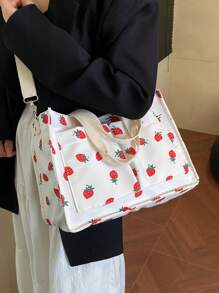 Fashionable Casual Multi Pocket Strawberry Nylon Lightweight Shopping Tote Bag, Spacious Capacity Hand Bag With Adjustable Shoulder Strap, Suitable For Girls & Women For Shopping, Work Commute, Hospital, Outing, Mall, Artistic Style School Bag & Book Bag For Women Or Students, Perfect For Books, Shopping, Back To School And More