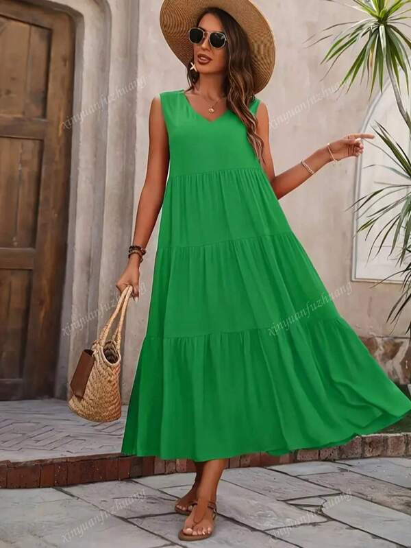 Women's Solid Color Sleeveless V-Neck Simple Fashionable Dress, Suitable For Summer