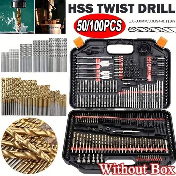 50/100pcs Value Pack Titanium Coated HSS High Speed Steel Drill Bit Set, Power Tool Accessories