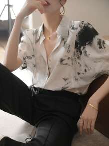 YUXIN Áo sơ mi nữ mùa hè màu mực, kiểu dáng retro thanh lịch, cổ bẻ, tay áo cánh hoa, dáng rộng thoải mái, thích hợp mặc đi làm. - Nhiều màu - Xem 5