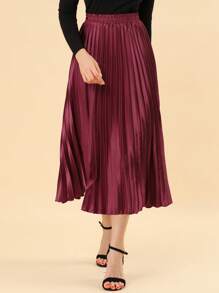 Women's Elastic Waist Metallic Shiny Accordion Pleated Midi Skirt