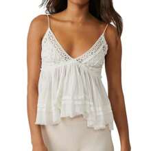 Women Summer Spaghetti Strap Camisole Top Deep V Neck Lace Pachwork Peplum Ruffle Hem Crop Cami Top - White - View 1