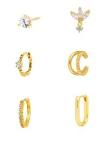 6 Pcs Classic 24K Gold Plated Cubic Zirconia Hoop Earrings For Women Zirconia Stud Earrings Set