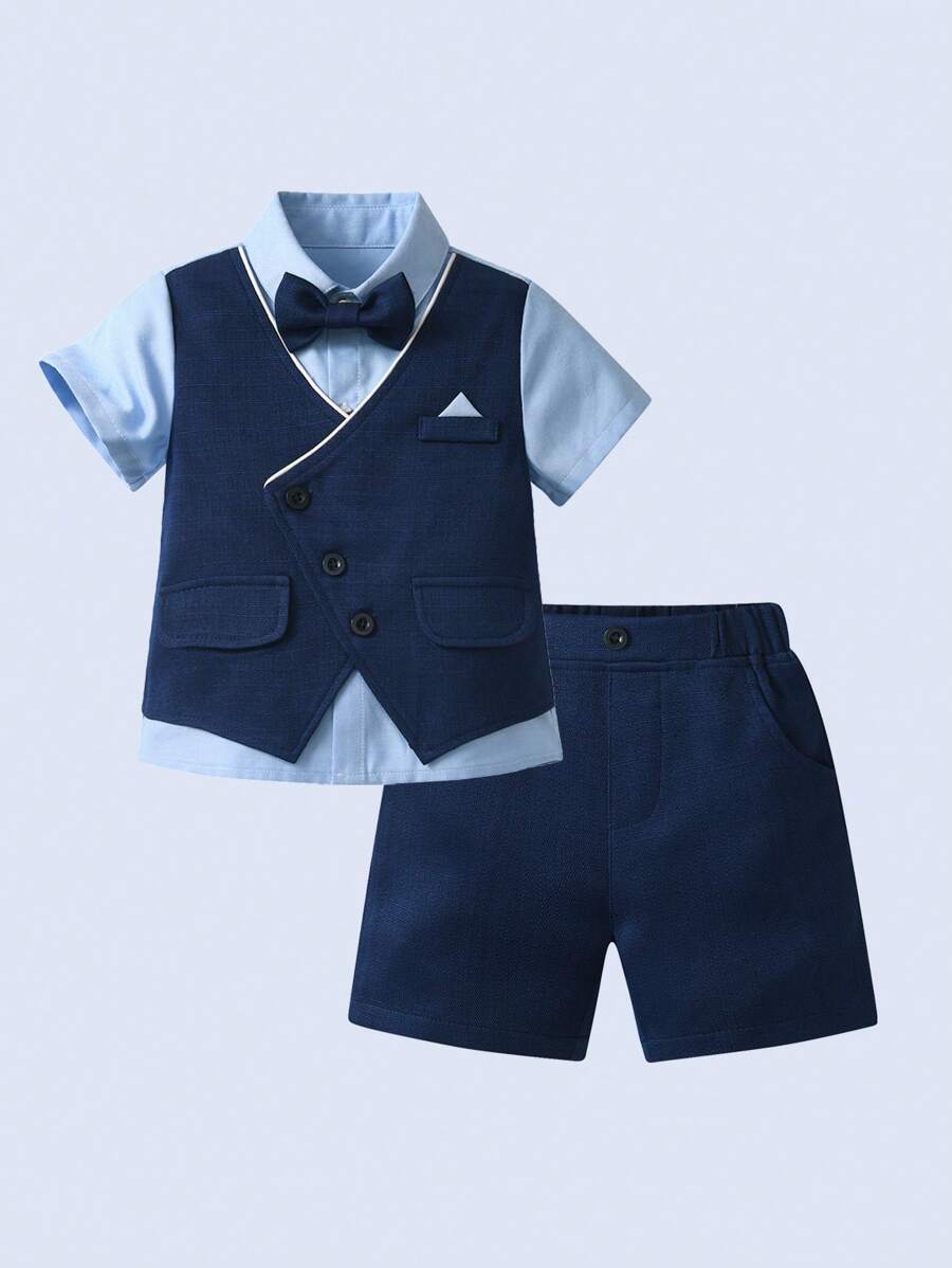 Bộ đồ 2 món cho bé trai - Áo sơ mi tay ngắn có nơ và quần short màu xanh navy, thời trang & quyến rũ cho tiệc sinh nhật, biểu diễn, sinh nhật đầu tiên, đám cưới, tiệc chiêu đãi - Màu xanh hải quân - Xem 1