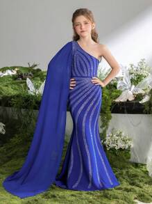 Tween 女童不对称肩部亮片和水钻装饰鱼尾下摆派对连衣裙