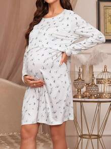 Women Loose Comfortable Ditsy Floral Round Neck Soft Elastic Long Sleeve Nightgown/Dress For Casual/Home Wear, Suitable For Pregnancy & Nursing, Spring/Summer/Autumn
