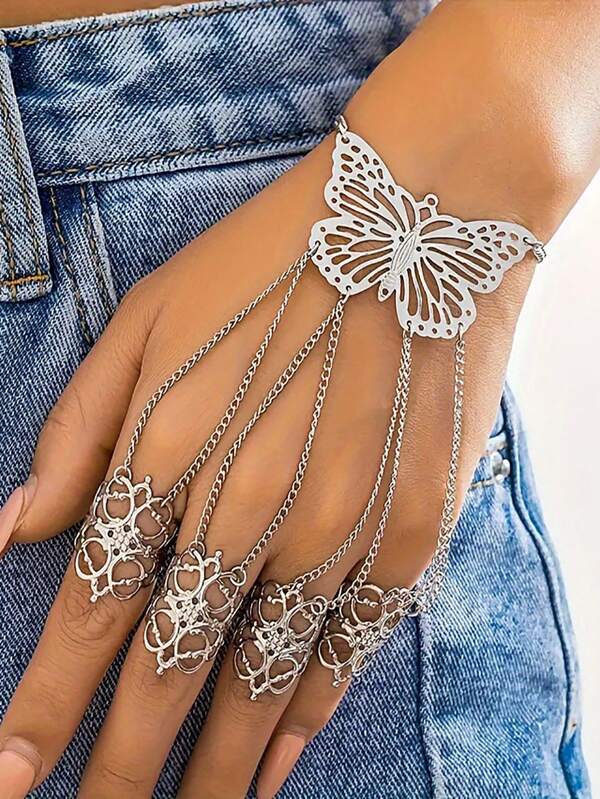 1 Pc Exaggerated Butterfly Ring Bracelet Punk Style Hollowed Out Hand Jewelry Accessory