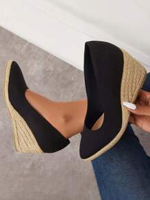 Women's Platform Espadrilles Wedge Sandals Slip On Solid Color Closed Pointed Toe Comfortable Wedge Pumps Shoes - Black - View 2