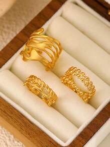 3 件套复古水滴和不对称线条不锈钢戒指，优雅几何开放式个性戒指套装，适合女士休闲、约会和派对穿着