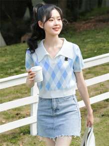 菱形拼色短袖针织 Polo 衫，学院风短款上衣，女士，夏季 - 藍白色 - 查看 6