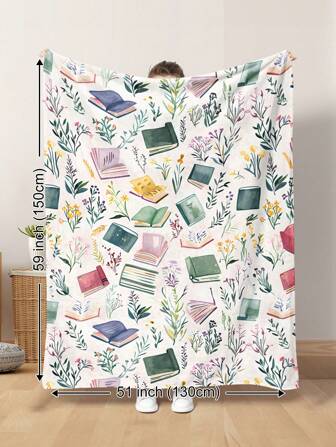 1pc Watercolor Floral & Plant, "It's Reading Time" Book Pattern Soft Plush Throw Blanket, Warm & Suitable For All Seasons, Great For Living Room, Sofa, Lounge Chair, Bedroom, Car Travel, Camping, Office Home Decor Gift