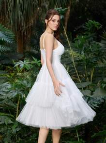 Elasola Polyester Tulle Spaghetti Strap Ruched Bust&Ruffle Trim Layered Tulle Dress Formal Wear For Weddings, Lightweight & Airy Design With Fashion Credentials Summer Dresses Spring Clothes