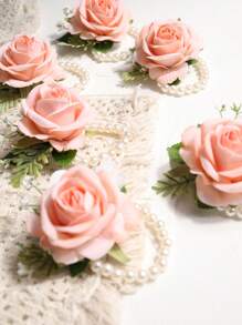 6 szt./1 szt. Kwiat róży księżniczki z gipsówką, sztuczna zieleń, opaska na nadgarstek, romantyczna ozdoba dla panny młodej, pana młodego, na wesele, bankiet, imprezę, walentynkowe dodatki - A - Zobacz 10