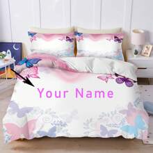 3pcs Customized Bedding Set, Butterfly Pattern, Personalized Name, Digital Printing, 100% Polyester Fabric, Suitable For Girls, Gift Choice, Multifunctional, Decorative, Letter Pattern, Fashion & Modern, Colorful, Cute & Charming, Casual & Versatile, Customizable, Personalized, Unique, Ideal Gift For Him/Her - Multicolor - View 1