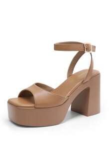 Women Fashion Chunky Platform High Heeled Sandals Open Toe Buckle Decor Ankle Strap Heeled Sandals For Daily Wearing Party Prom - 棕色 - 查看 3