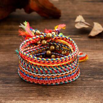 12 pièces Bracelets/Bracelets de cheville tressés multicolores de style bohème à plusieurs couches, style rétro unisexe