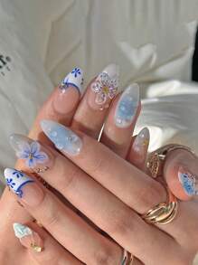 10 piezas de uñas de forma de almendra francesa presionadas a mano, con estilo de mundo submarino: flores de concha, flores pintadas a mano en azul, gotas de agua 3D, diamantes en forma de estrella de mar, hechas a mano, removibles y reutilizables, adecuadas para niñas y mujeres para uso diario, festivales, bodas, decoraciones de uñas para fiestas, con pegamento de gelatina y lima de uñas