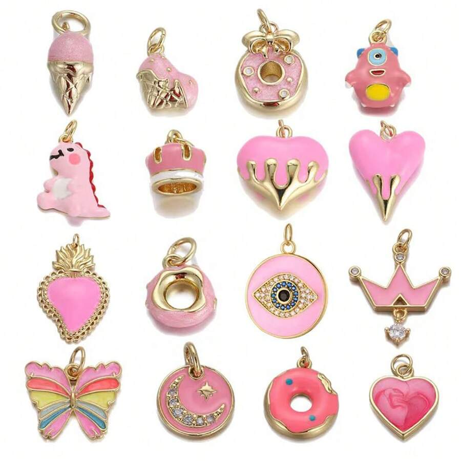 1 件铜时尚首饰，粉色系列，精致奢华蝴蝶和心形吊坠，DIY 手链脚链项链耳环，优雅奢华配饰 - 彩色 - 查看 1