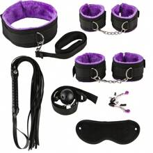 Nylon BDSM Set Plush Sex Bondage Adult Toy Female Set Handcuffs Exotic Sex Games Whip Nipple Clamps Adult SM Product Sexy Toy 18 - Purple - View 3