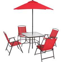 Juego de comedor para patio de 6 piezas de acero Mainstays Albany Lane con sombrilla, rojo - Rojo - Ver 1