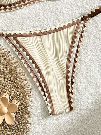 Bikinx Set di bikini sexy da donna con schiena scoperta, con bordi a contrasto e slip sgambato, costume da bagno con spalline sottili ad alta elasticità