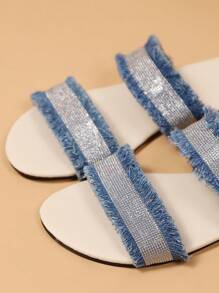 女士夏季新款流苏水钻一脚蹬拖鞋时尚百搭户外舒适女士凉鞋，女士度假凉鞋 - 藍色 - 查看 6