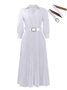Elegant Pleated A-Line Dress With Waist Belt, Solid Color, Waistline Design, Suitable For Spring And Summer, Graceful Lady Style - trắng - Xem 5