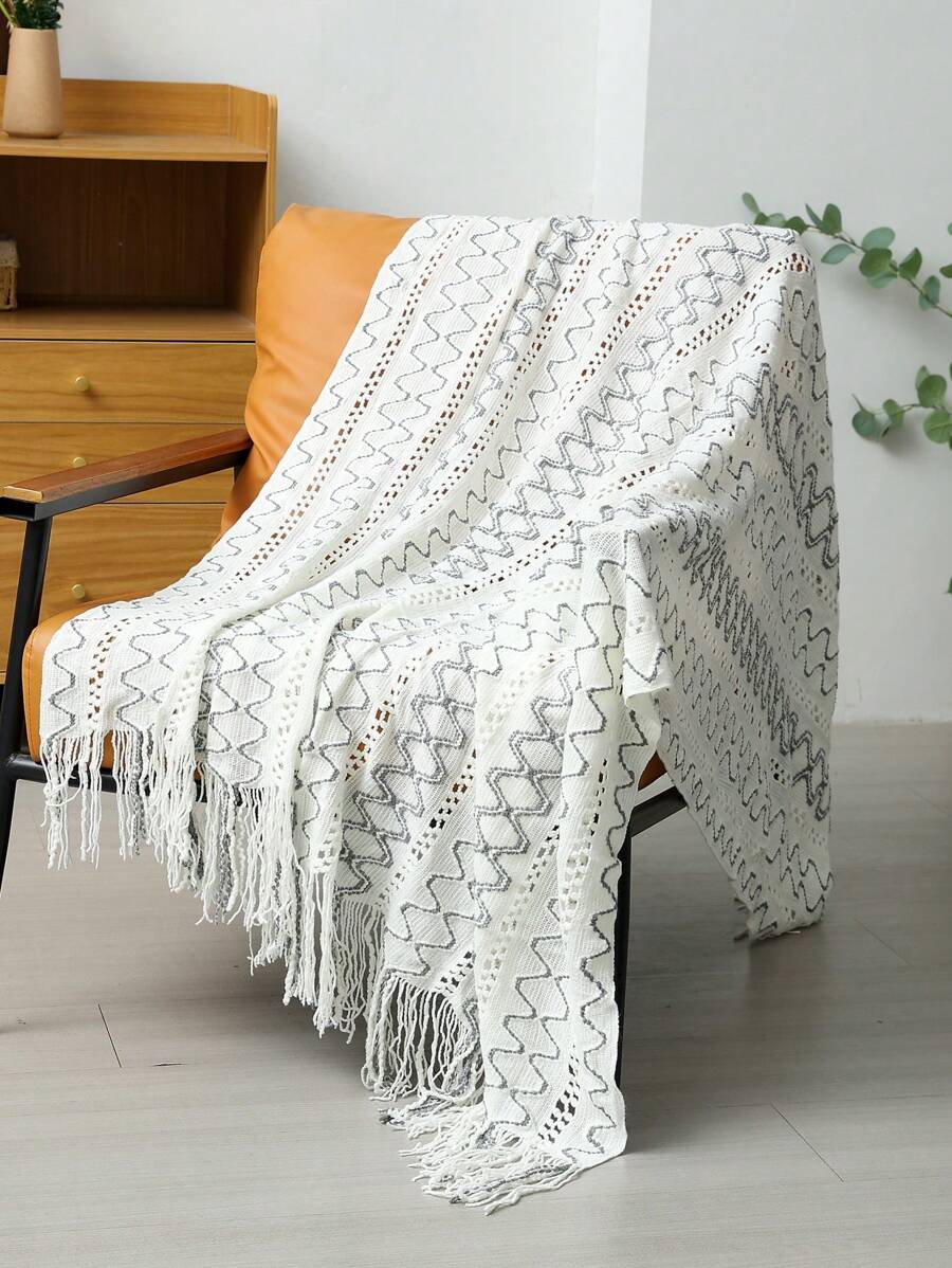 1 件波浪条纹针织毯，北欧风格涤纶矩形镂空流苏毛毯，适用于沙发、办公室、午睡