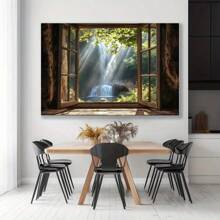 1pc  Wood Framed Waterfall And Forest View Canvas Art, Wall Decor For Office, Bedroom, Kitchen, Living Room - Graceful Light Luxury Style