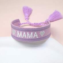 1pc Embroidered "MAMA" Heart Boho Tassel Braided Bracelet - Purple - View 6
