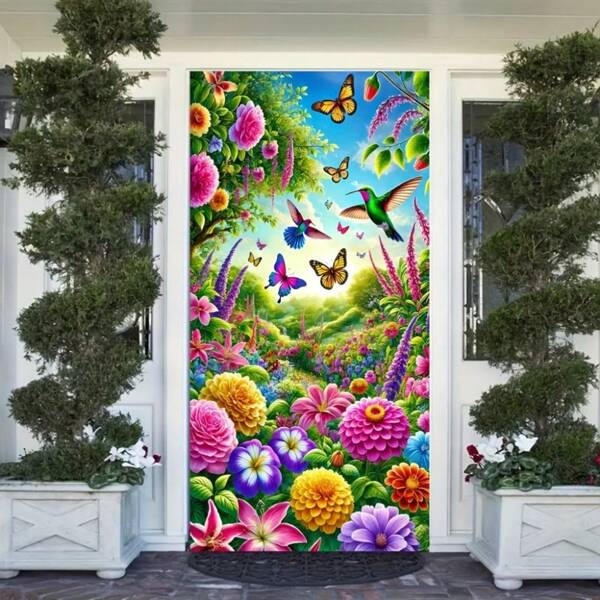 1 pezzo Bandiera per porta in poliestere 2D a motivi floreali, scenario vibrante di giardino con farfalle, colibrì e girasoli, senza necessità di alimentazione elettrica, decorazione stagionale da appendere, adatta per occasioni generali