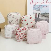 1 pieza Bolsa de cosméticos de pana, almacenamiento de productos de higiene femenina, diseño lindo y minimalista con moño, patrones de cereza y fresa, portátil y esencial para viajes - Multicolor - Ver 7
