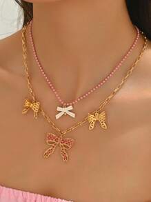 1pc Unique Fashion 18K Gold Plated Metal Fully Rhinestone Bowknot Heart Floral Pendant Necklace For Women, Can Be Purchased As 1pc Or 2pcs Set With Multiple Pendants, Suitable For Party, Wedding, Holiday Occasions And As A Gift