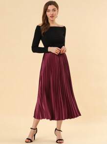 Women's Elastic Waist Metallic Shiny Accordion Pleated Midi Skirt