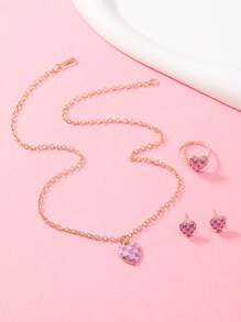 4 件/套儿童首饰套装 - 1 枚戒指、1 条项链、1 对耳环、心形和棋盘彩色图案、纹理锌合金材料、持久色彩、适合日常、假日、节日佩戴、3 种颜色可选、非常适合与朋友搭配